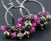 Sterling Silver Earrings, Pink Sapphire Pyrite Gemstone Hoops, Oxidized Wire Wrap Handmade, aubepine