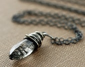 Necklace, Black Rutilated Quartz Wrapped in Sterling Silver, Handmade Pendant Necklace, aubepine - aubepine