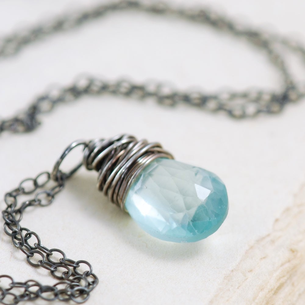 Aquamarine Necklace Wrapped in Sterling Silver, March Birthstone Jewelry, Sky Blue Gemstone Necklace Pendant Handmade - aubepine