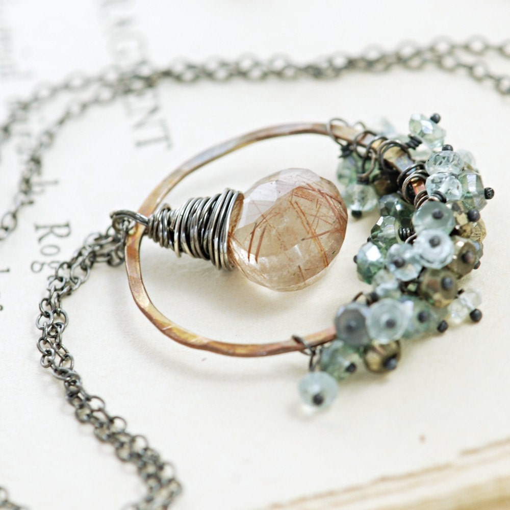 Copper Gemstone Pendant Necklace, Sterling Silver, Rutilated Quartz Teal Quartz Aquamarine Pyrite Clusters