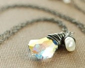 Crystal and Pearl Necklace, Sterling Silver Wire Wrapped Pendant Handmade, Winter Fashion, aubepine