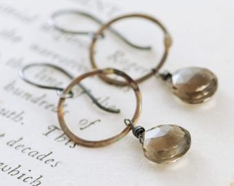 Mixed Metal Hoop Earrings Smoky Quartz Dangles, Sterling Silver and Brass Gemstone Earrings, aubepine