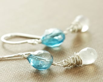 London Blue Topaz Earrings, December Birthstone Blue Topaz Jewelry, Sterling Silver Drop Earrings, Topaz Moonstone