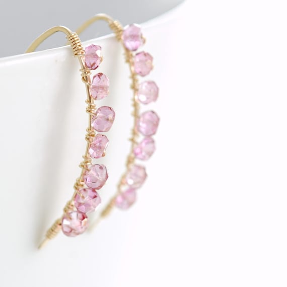 Wire Wrapped Pink Gemstone Earrings, October Birthstone Jewelry, Gold Quartz Earrings, aubepine