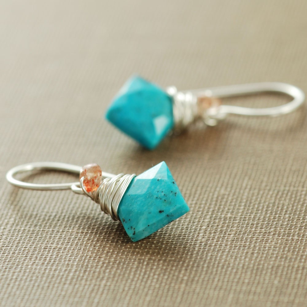 Turquoise Sunstone Earrings Wrapped in Sterling Silver, December Birthstone, Handmade