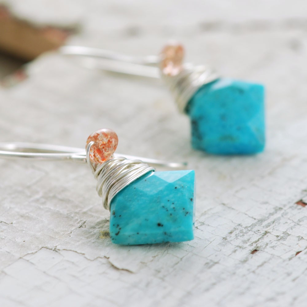 Turquoise Sunstone Earrings Wrapped in Sterling Silver, December Birthstone, Handmade