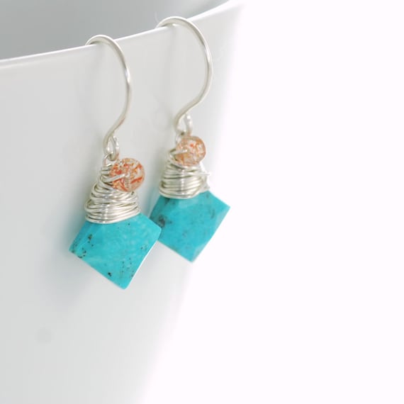 Turquoise Sunstone Earrings Wrapped in Sterling Silver, December Birthstone, Handmade