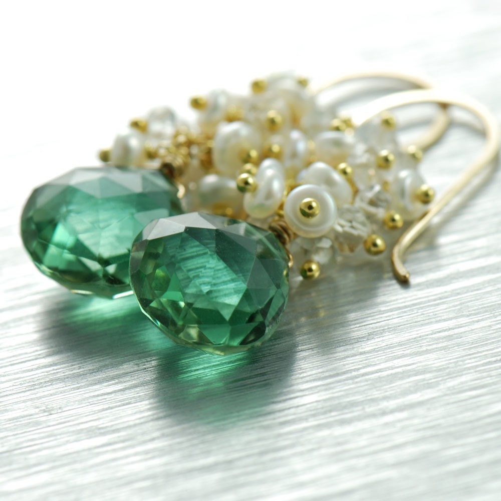 Forest Green Quartz Earrings in 14k Gold Fill, Gemstone Clusters White Topaz Pearl, aubepine