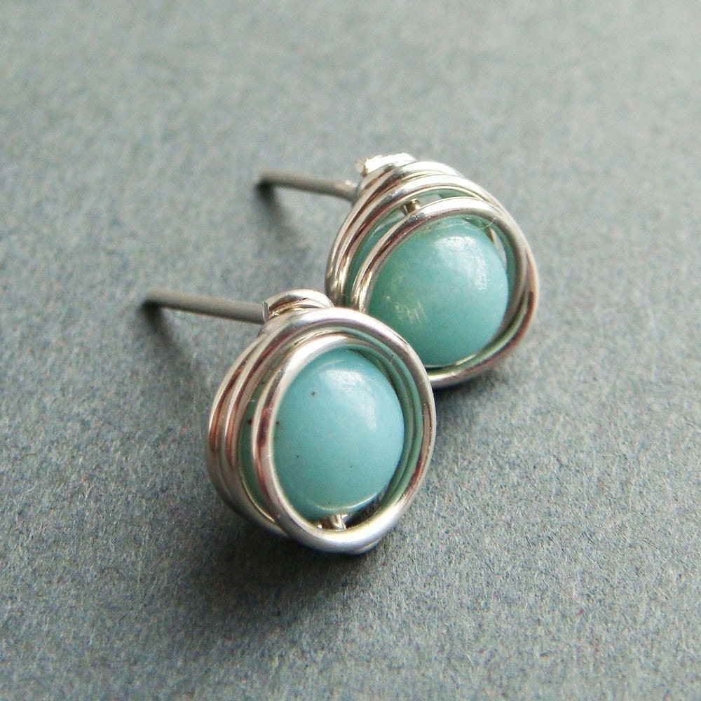 Sky Blue Post Earrings, Amazonite Wrapped in Sterling Silver, Handmade Gemstone Earrings, March Birthday, aubepine