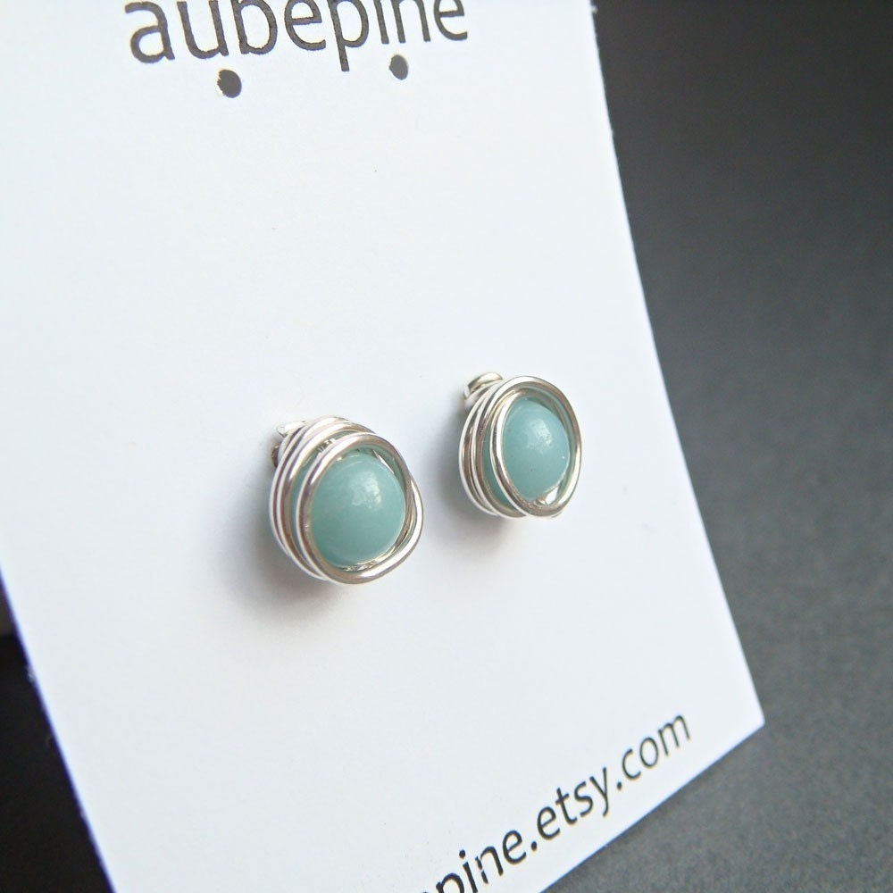 Sky Blue Post Earrings, Amazonite Wrapped in Sterling Silver, Handmade Gemstone Earrings, March Birthday, aubepine