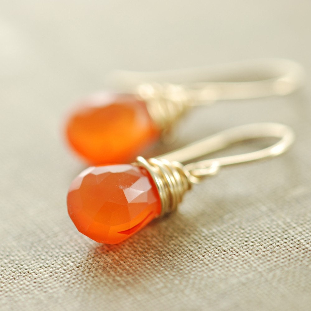 Orange Carnelian Gemstone Earrings, Gold Dangle Earrings,Tangerine Wire Wrap Jewelry, aubepine