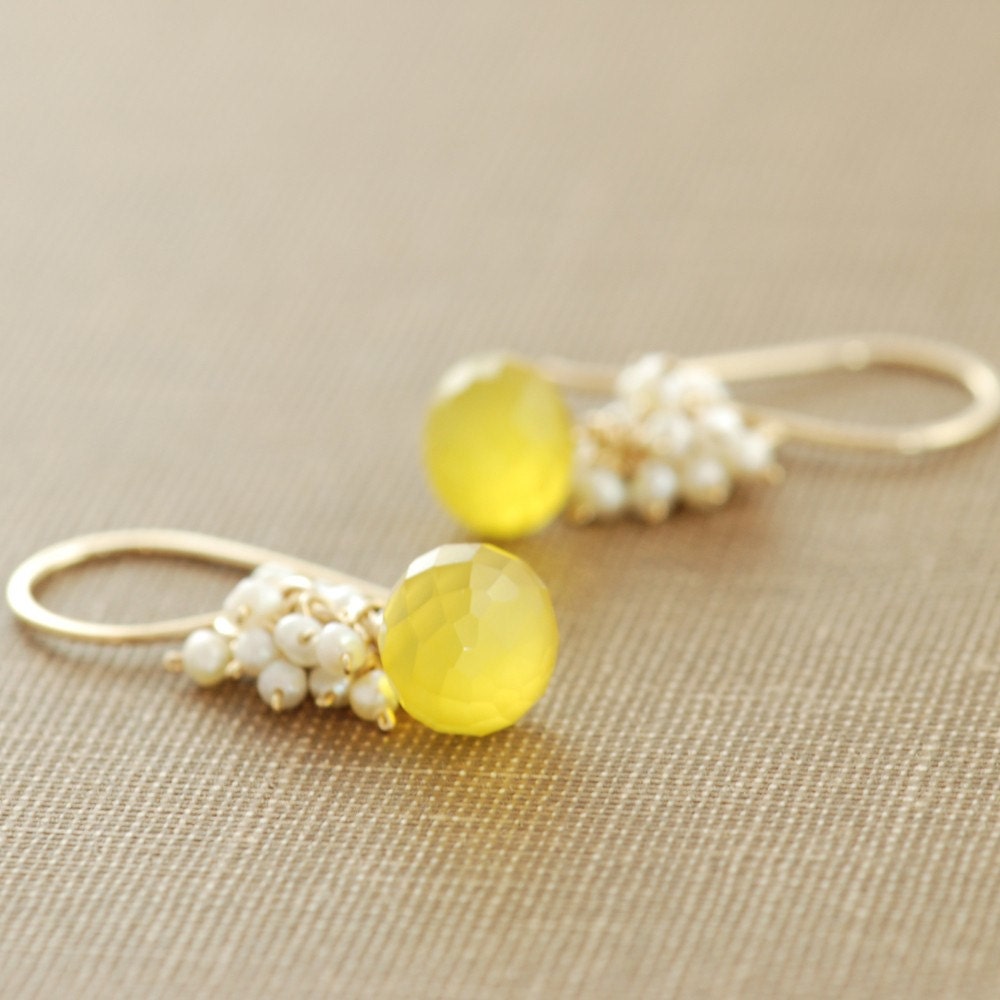 Yellow Gemstone Pearl Earrings in 14k Gold Fill, Chalcedony Seed Pearl, Lemon Meringue Pie