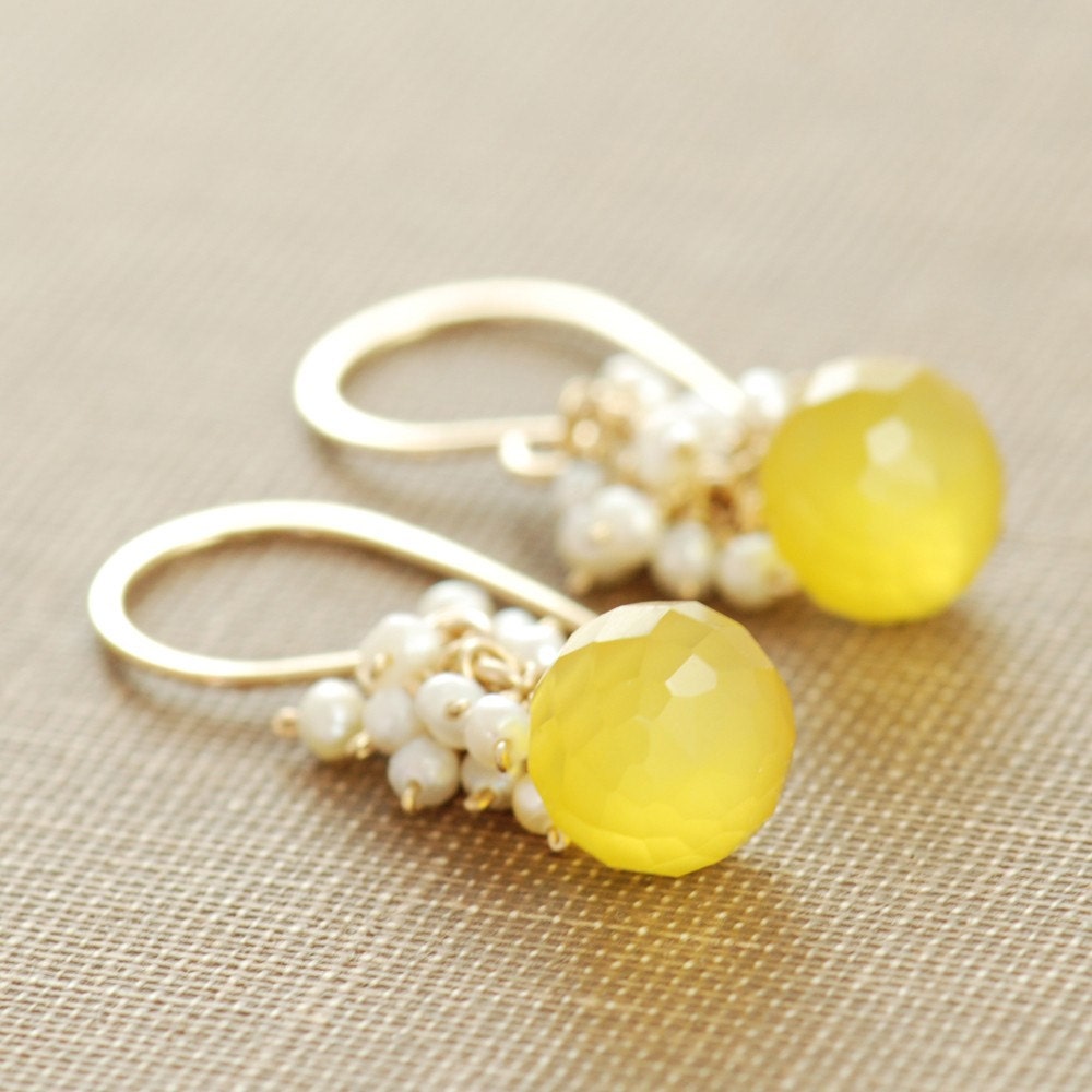 Yellow Gemstone Pearl Earrings in 14k Gold Fill, Chalcedony Seed Pearl, Lemon Meringue Pie