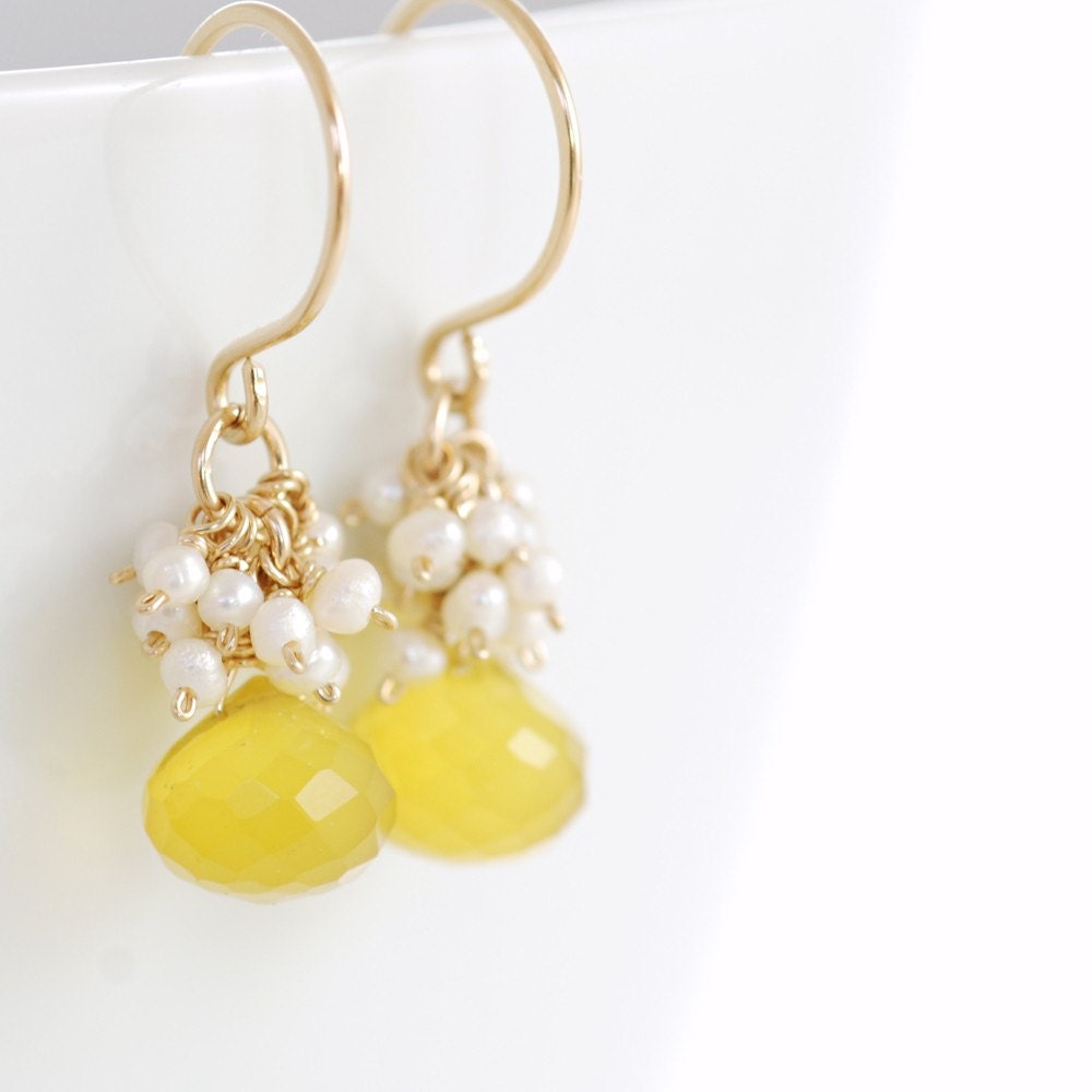 Yellow Gemstone Pearl Earrings in 14k Gold Fill, Chalcedony Seed Pearl, Lemon Meringue Pie