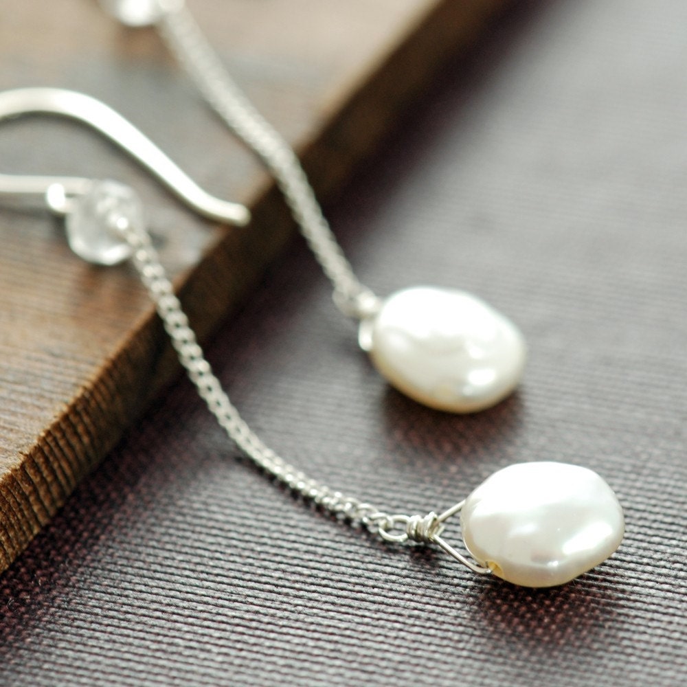 Dangly Pearl Earrings Sterling Silver Topaz Handmade, June Birthstone Earrings, aubepine