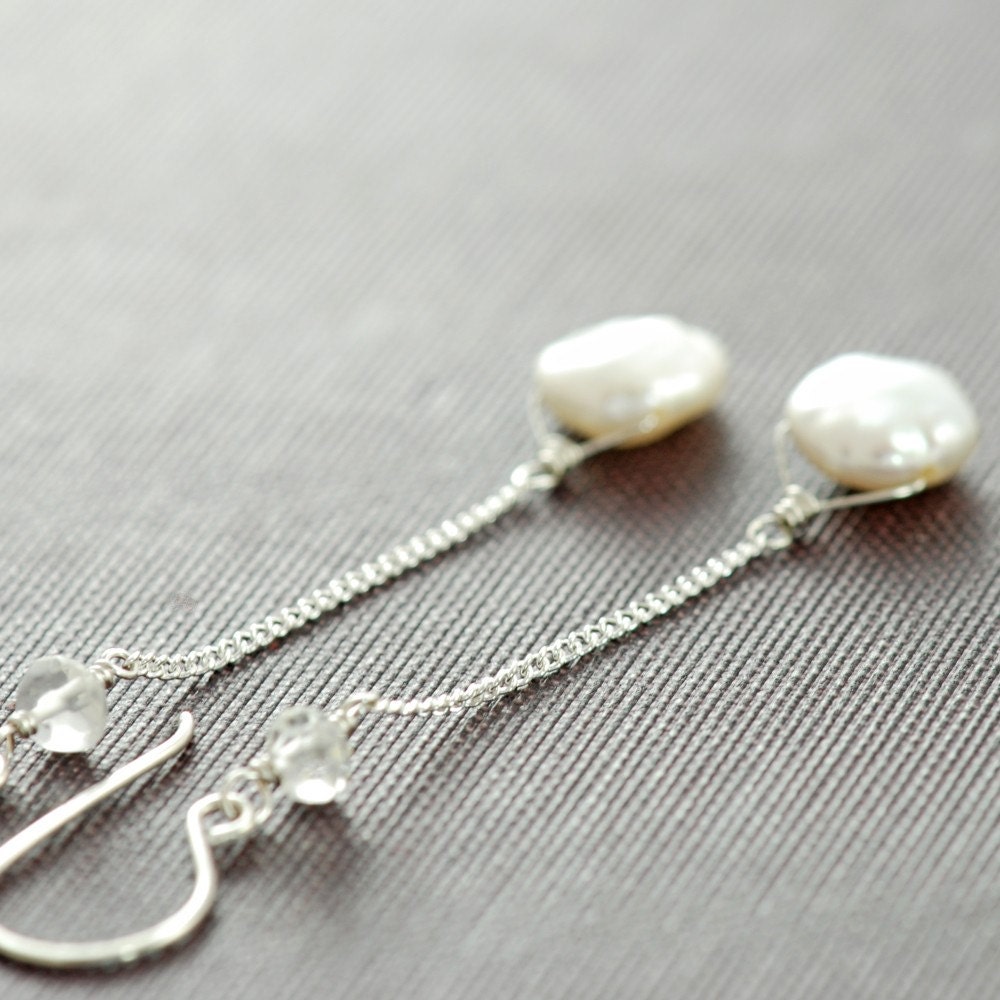 Dangly Pearl Earrings Sterling Silver Topaz Handmade, June Birthstone Earrings, aubepine