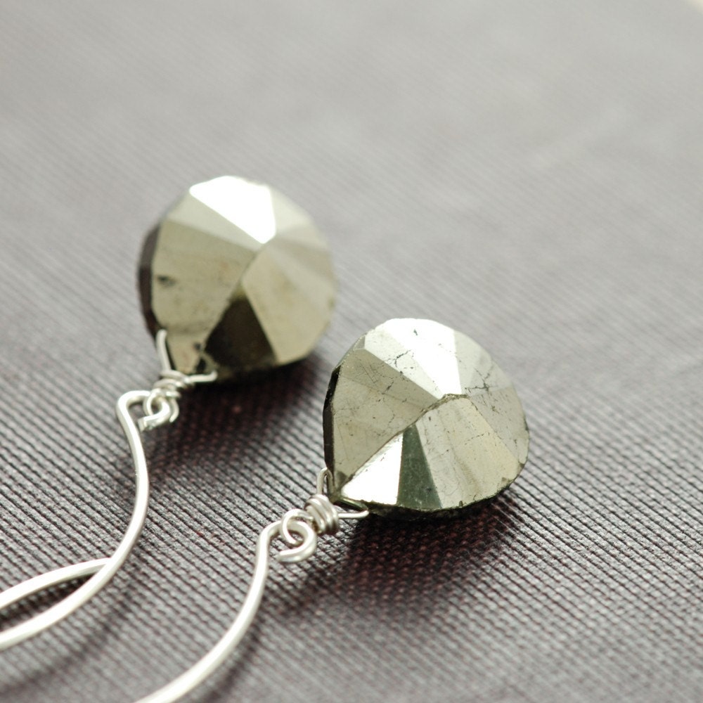 Pyrite Earrings in Sterling Silver, Gemstone Dangle Earrings, Glam Rock, aubepine