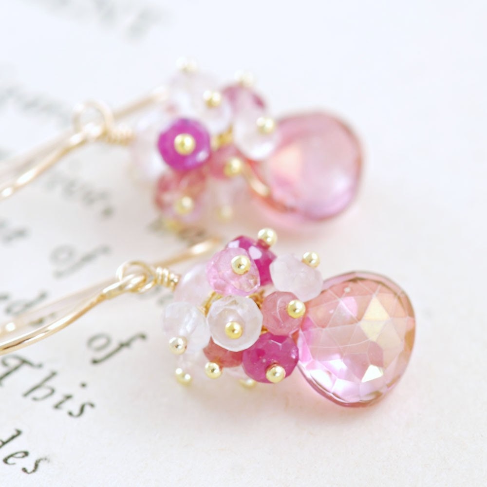 Pink Gemstone Gold Earrings, October Birthstone, Quartz Sapphire Tourmaline, Wire Wrapped Cluster Earrings Handmade