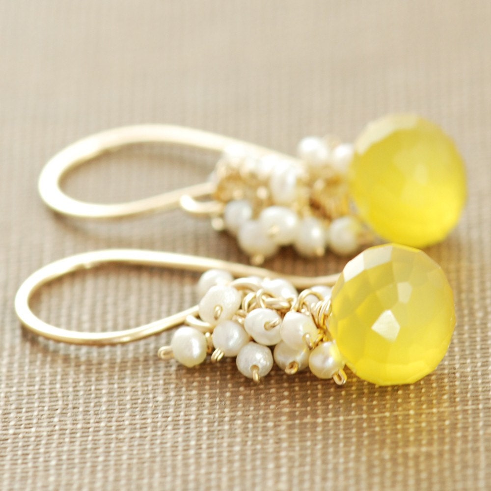 Reserved for Louise- Yellow Chalcedony and Seed Pearls Handmade Earrings- Lemon Meringue