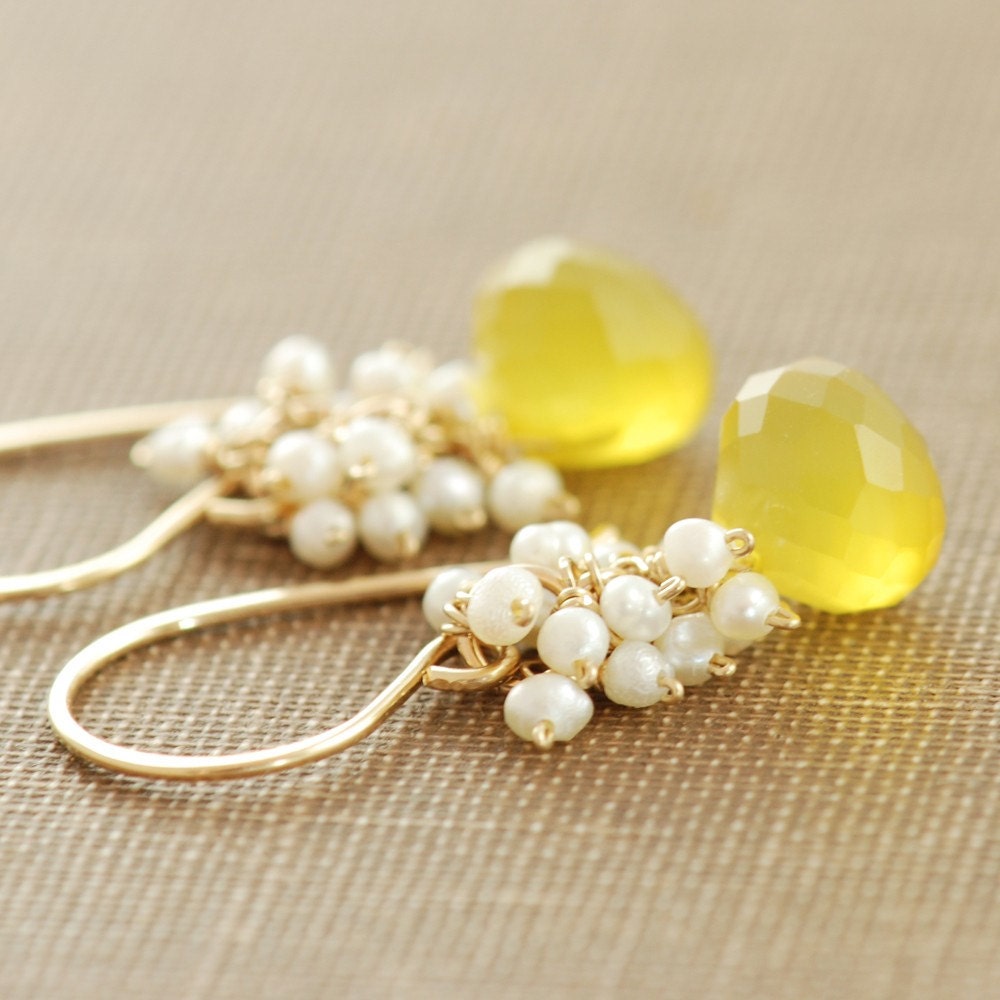 Reserved for Louise- Yellow Chalcedony and Seed Pearls Handmade Earrings- Lemon Meringue