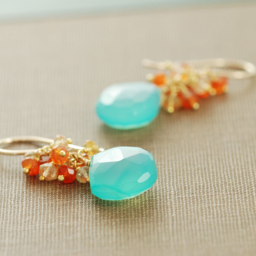 Beach Earrings, 14k Gold Gemstone Dangle Earrings, Aqua Orange Citrine Carnelian Earrings, aubepine