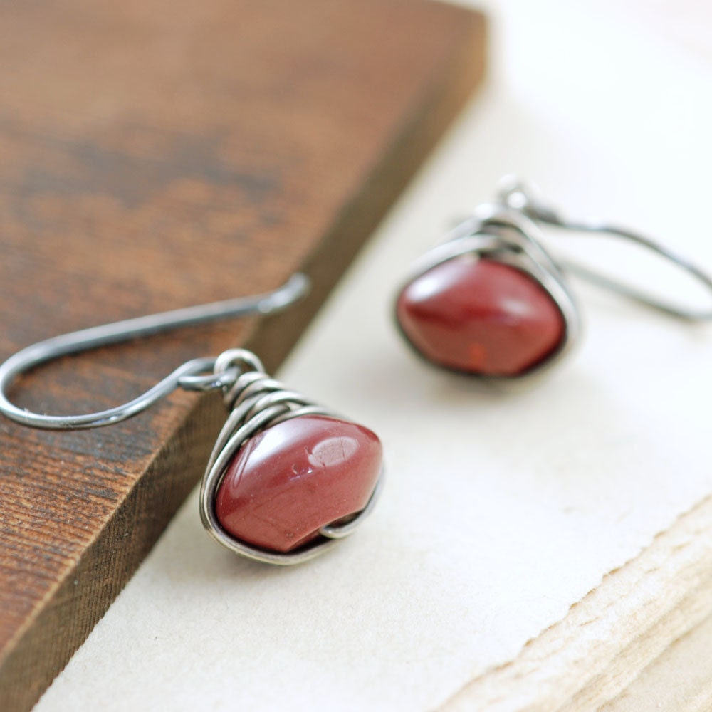 Red Oxblood Stone Earrings Sterling Silver, Mookaite Gemstone Earrings, Wire Wrap Handmade, aubepine