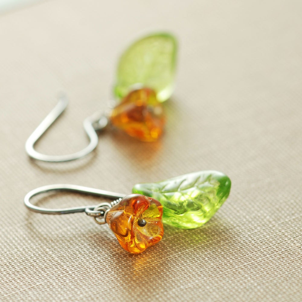 Orange Flower Leaf Earrings Sterling Silver, Glass Wire Wrap Dangle, Tangerine Green Handmade, aubepine
