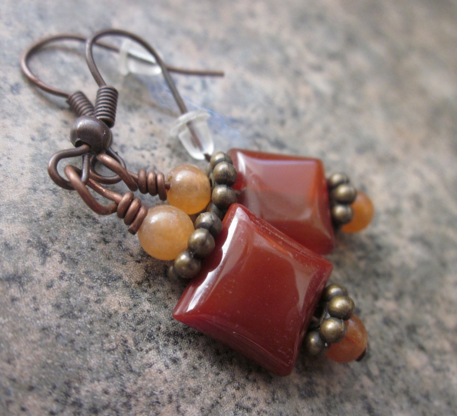 Carnelian Gemstone Earrings with Peach Aventurine. Mixed Metal. Antiqued Copper with Brass. OOAK. Rustic Jewelry. Gifts Under 20 Dollars