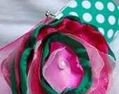 Bridesmaid Clutch Kelly Green and white Polka Dots with fabric Flower/ This purse is READY to ship