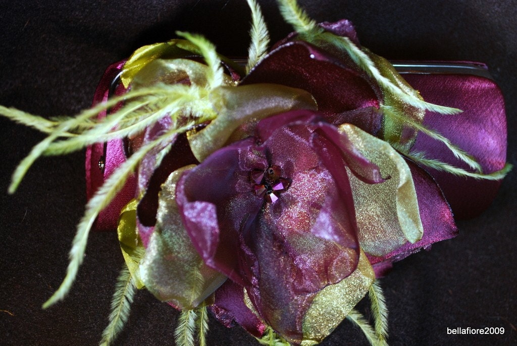 Bridesmaid Clutch / EggPlant Purple Satin Clutch with Chartreuse Green and Eggplant Purple Flower with Ostrich Feather Accents