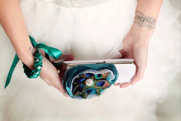 Large Bridal Clutch/Perfectly Peacock  Inspired White Off White or Ivory Satin clutch with Peacock Feather Flower