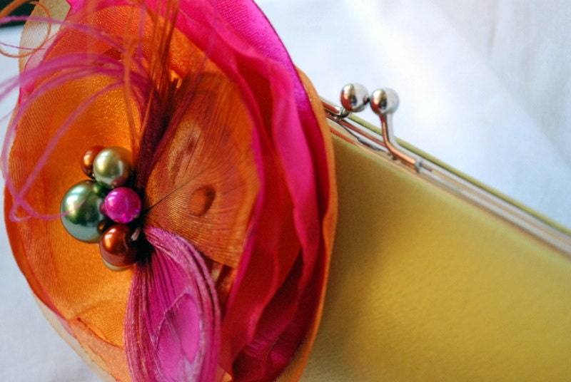 Bridesmaid Clutch / Chartreuse Green citron Satin Clutch with Fuchsia and Orange Fabric FLower with Peacock Feather Accents