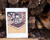 Thinking of Grandpa (hand printed original reduction woodcut)