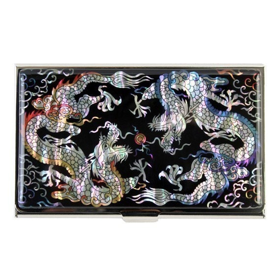 Mother of Pearl Business Credit Name Card Holder ID Money Case with Double Dragon Design