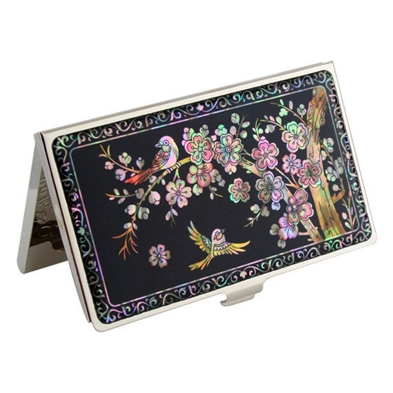 Mother of Pearl Bird and Pink Flower Design Black Metal Business Credit Name Card Holder ID Money Wallet Case