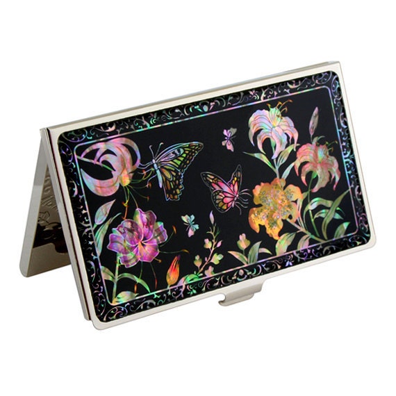 Mother of Pearl Engraved Business Credit Card Holder with Trumpet Lily Flower Design