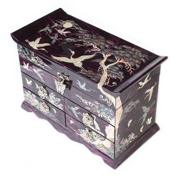 Mother of Pearl Wooden Drawer Jewelry Box with Pine Tree and Mulberry Paper