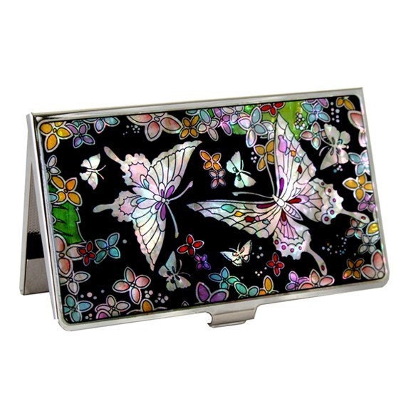 Mother of Pearl Business Credit Name Card Holder ID Money Case with Butterfly Design
