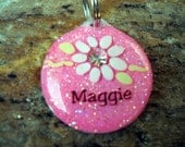 Handpainted Dog ID tag Glitter Hot Pink Shimmer Daisy Sparkle Jewel