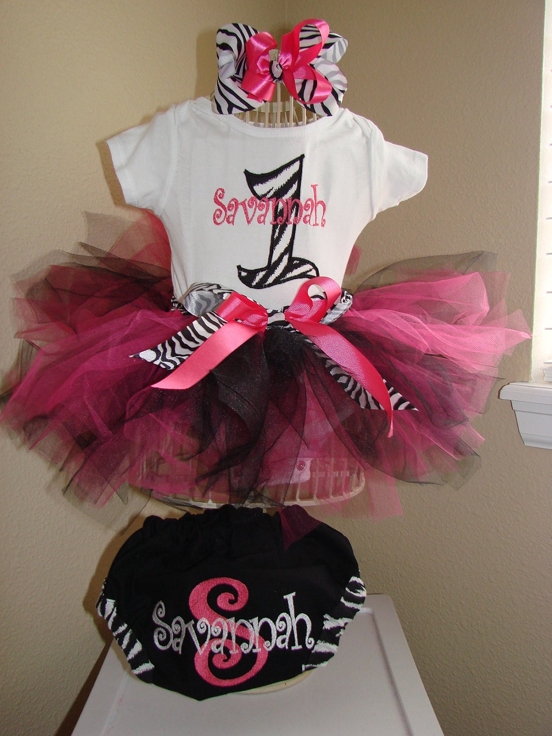 Zebra Tutu Outfit Black White and pink, Boutique bow, head band, diaper cover bloomers 1st 2nd 3rd Birthday will match Diva Zebra Print