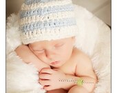 20% OFF SALE - Organic Cotton Beanie Hat - Baby Blue and Ivory Stripes - Newborn Baby Photo Prop