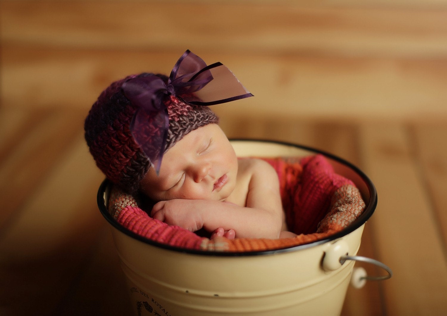 20% OFF SALE - Newborn Beanie Hat - Purple, Red, Brown Yarn with Purple Bow - Professional Photo Prop