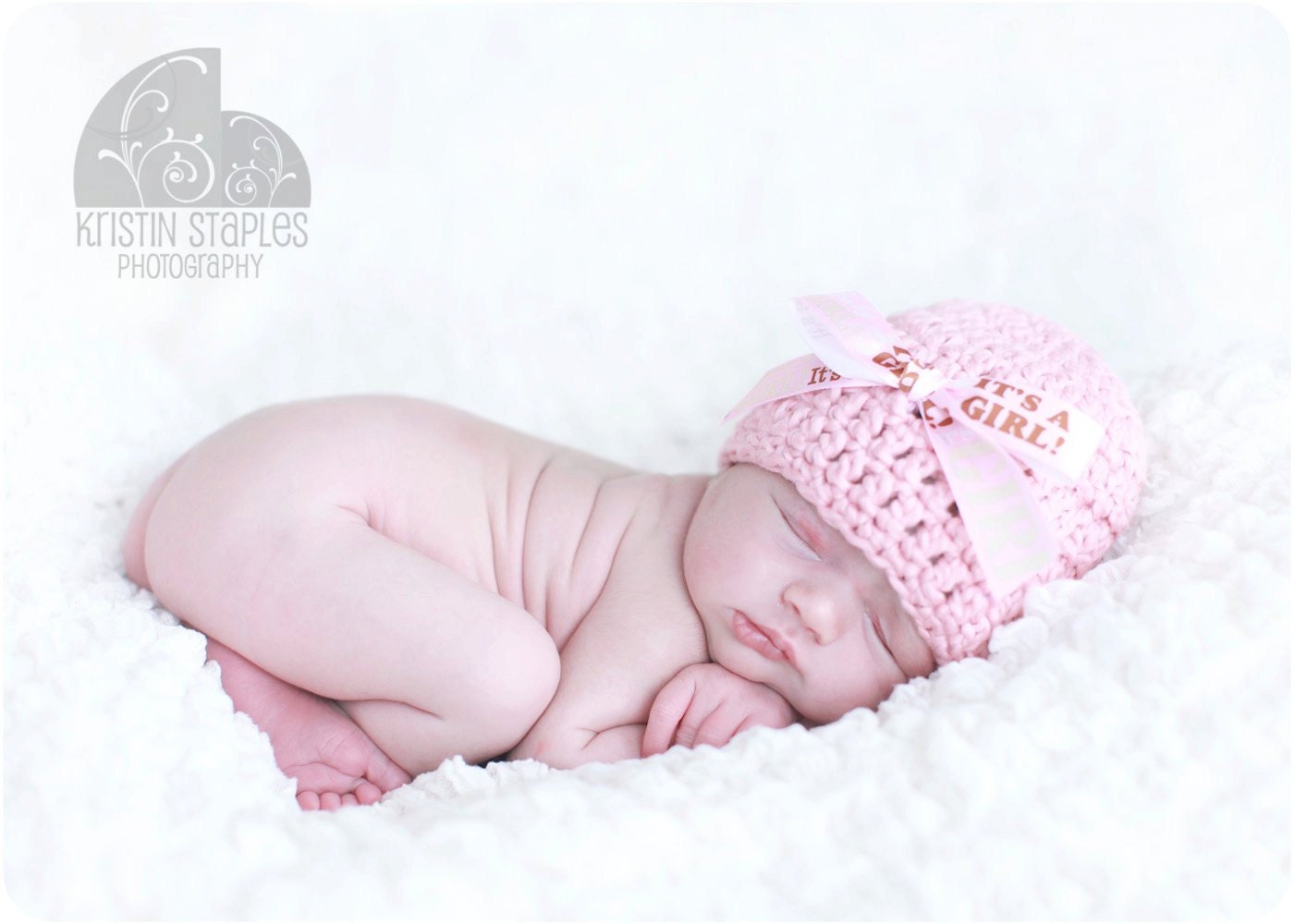 It's A Girl Organic Cotton Beanie Hat - Soft Pink with Satin Bow - Newborn Photo Prop