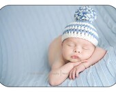 20% OFF SALE - Organic Cotton Beanie Hat with Pom-Pom - Blue and Ivory - Newborn Baby Photo Prop