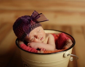 20% OFF SALE - Newborn Beanie Hat - Purple, Red, Brown Yarn with Purple Bow - Professional Photo Prop