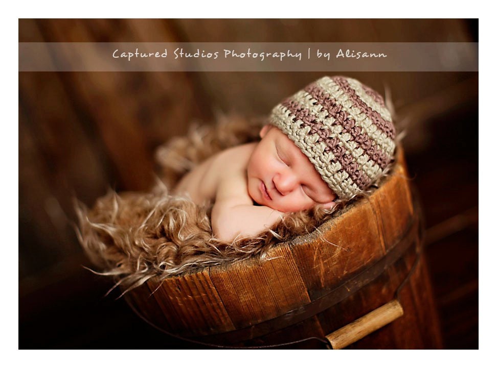 20% OFF SALE -Organic Cotton Beanie Hat - Green and Brown Stripes - Newborn Baby Photo Prop