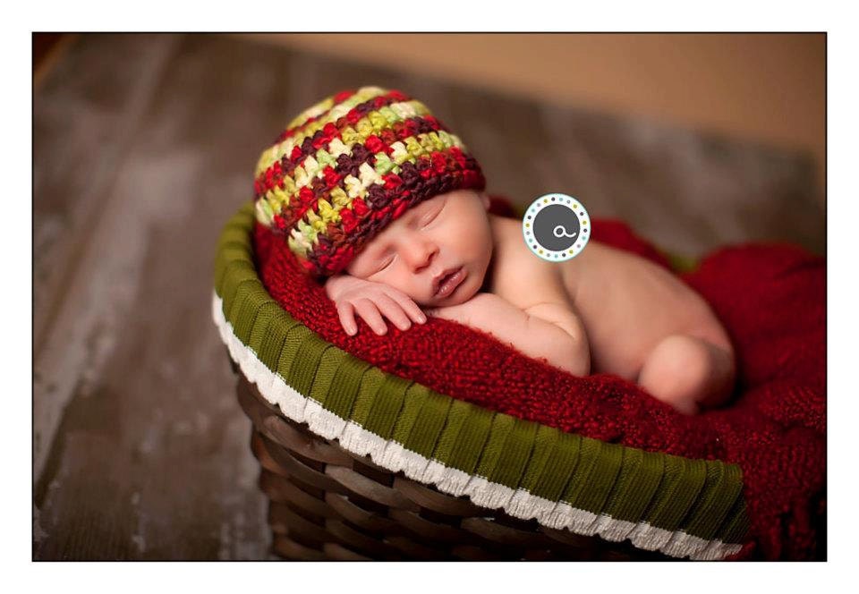 Organic Cotton Beanie Hat - Red and Green Stripes - Newborn Christmas Baby Photo Prop
