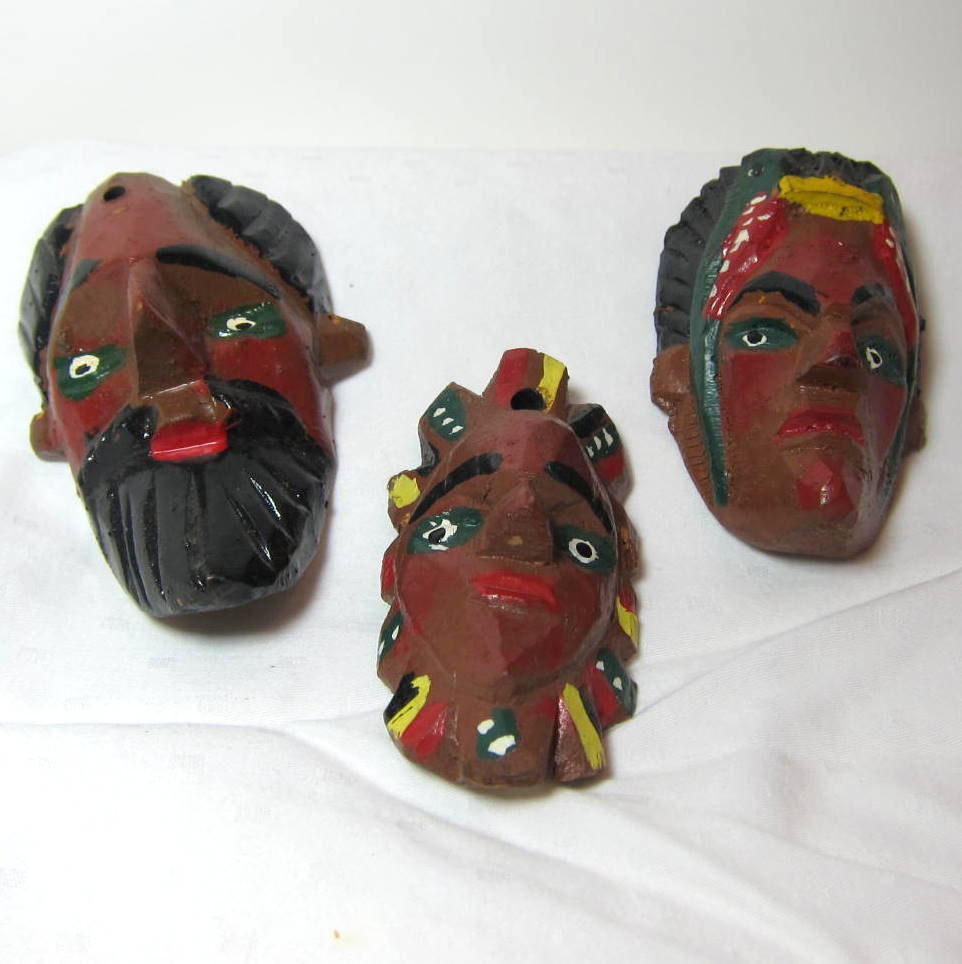 Vintage Set of Three Hand Made, Carved and Painted Wooden Miniature Masks