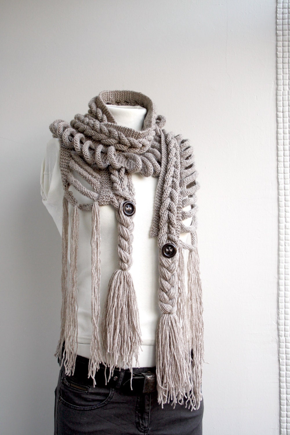 Free SHIPPING Milky Brown Wool  Scarf with Brown Button Mothers Day gift  UNDER 75USD For Her