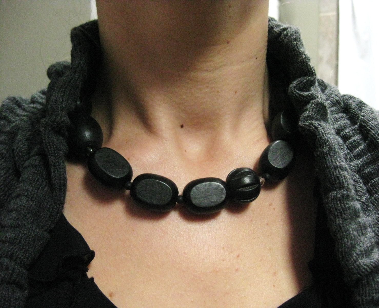 Chunky Black Necklace, Black Beaded Necklace, Sterling Silver Toggle Clasp, NB 1086